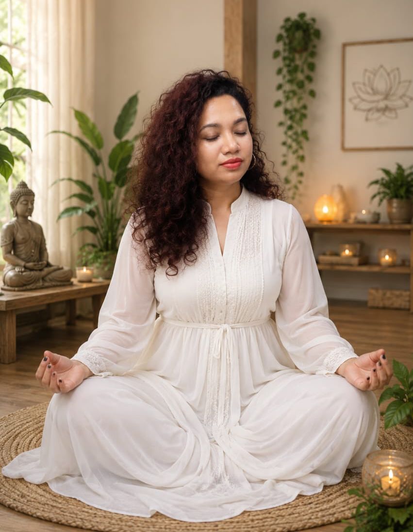 Seema Rani Naik meditating in a peaceful, candle-lit space